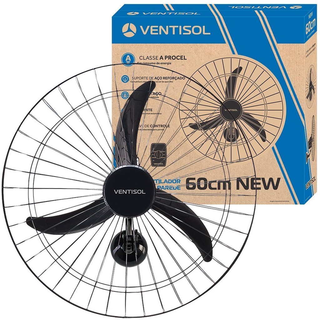 Ventilador de Parede Oscilante Ventisol New 60cm 127V 3 Pás Premium com Regulagem Preto