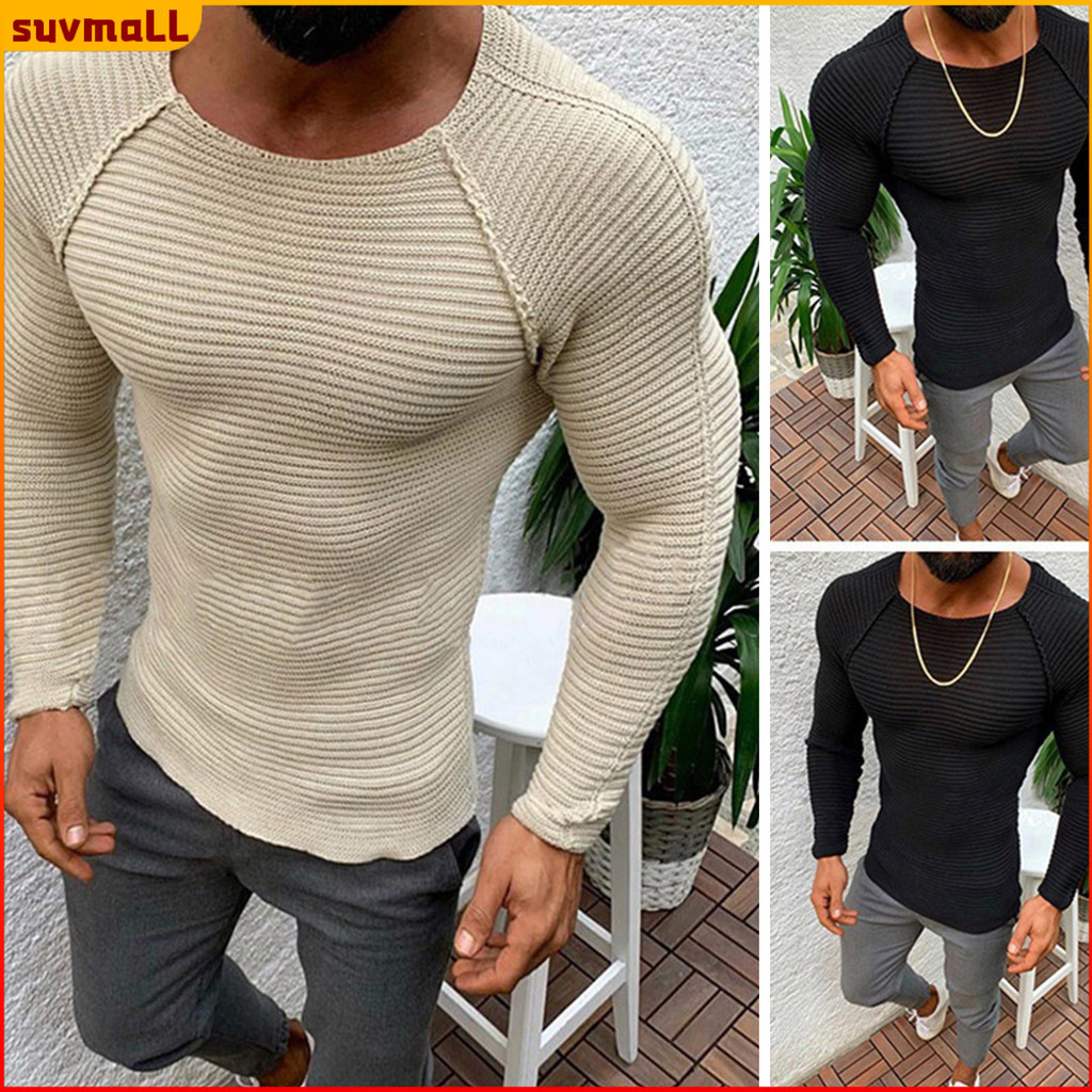 [Suéter Sólido Cor Elástico Macio Pescoço Redondo Patchwork Slim Fit Crew Neck Tricotar Mola Sweater for Home