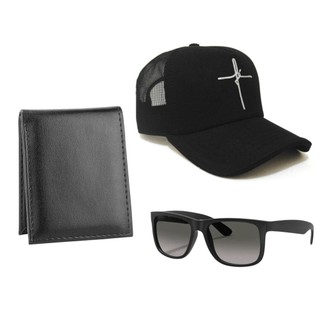 Boné Aba Curva Preto Fé + Óculos De Sol Escuro Preto Masculino  + Carteira De Couro Sintético Slim  Moda Tendência 