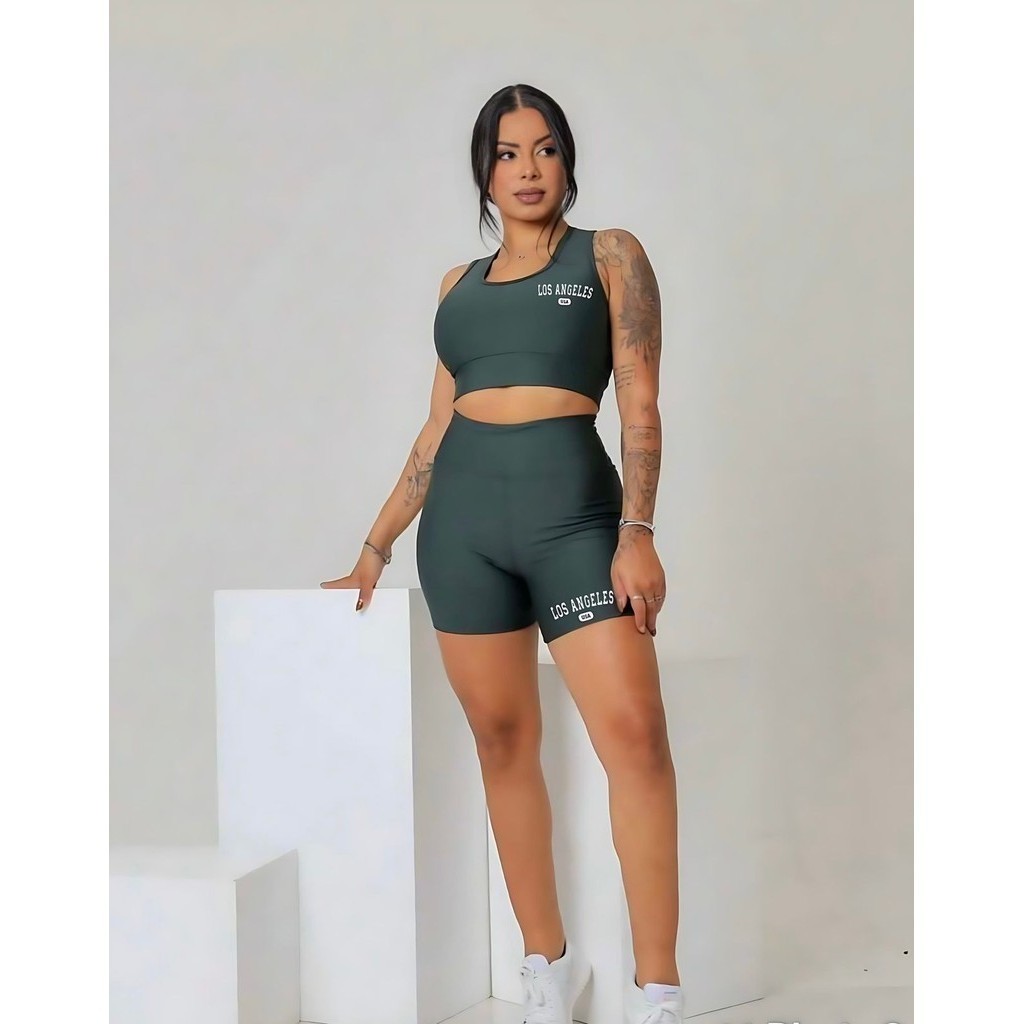 Conjunto Short e Top Feminino Academia Cintura Alta Suplex em Oferta na Shopee