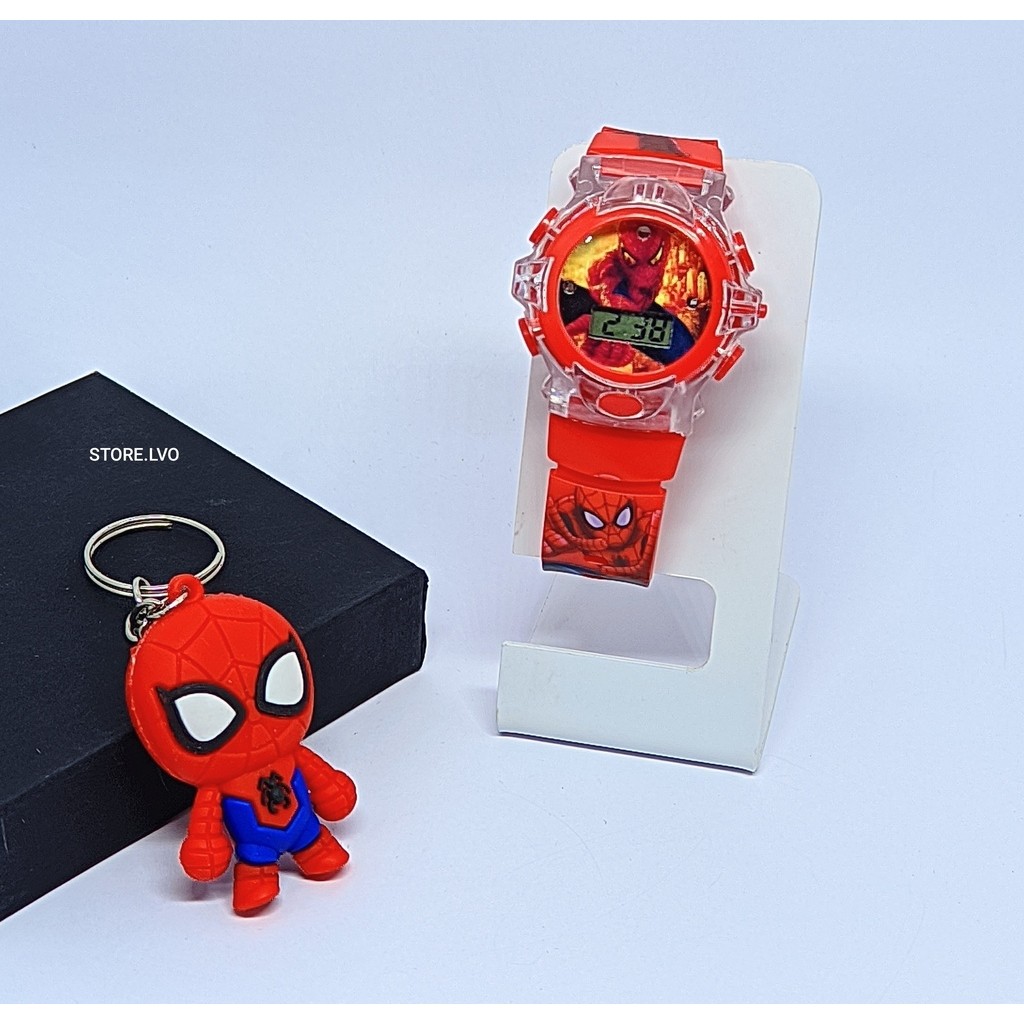 Kit Relógio Infantil Digital Pisca Luz Led + Chaveiro mini Boneco 3D Super Heróis Crianças Homem Aranha Minnie Frozen