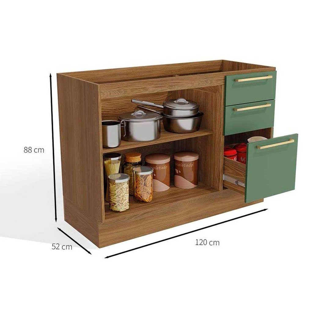 Detalhes do Balcão de Cozinha Botanic M624 c/3 Gavetas e 2 Portas c/Tampo 120cm Nogueira/Fendi/Nogueira - Kappesberg