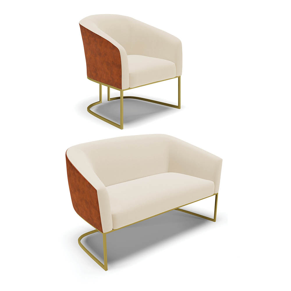 Sofá 2 Lugares e Poltrona Industrial Dourado Stella Nozes/Linho
