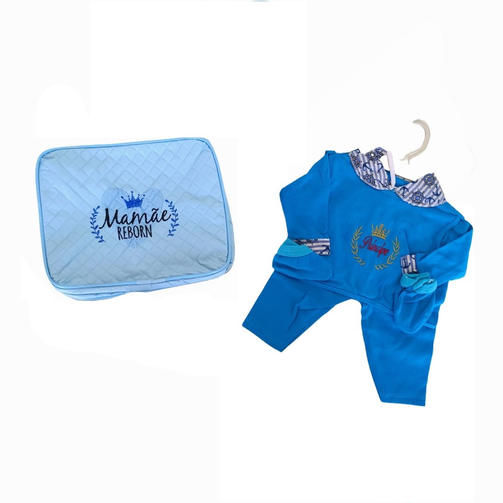 Bolsa Maternidade Bebe Reborn Azul Bordada + Pijama Pagão em Oferta na Shopee