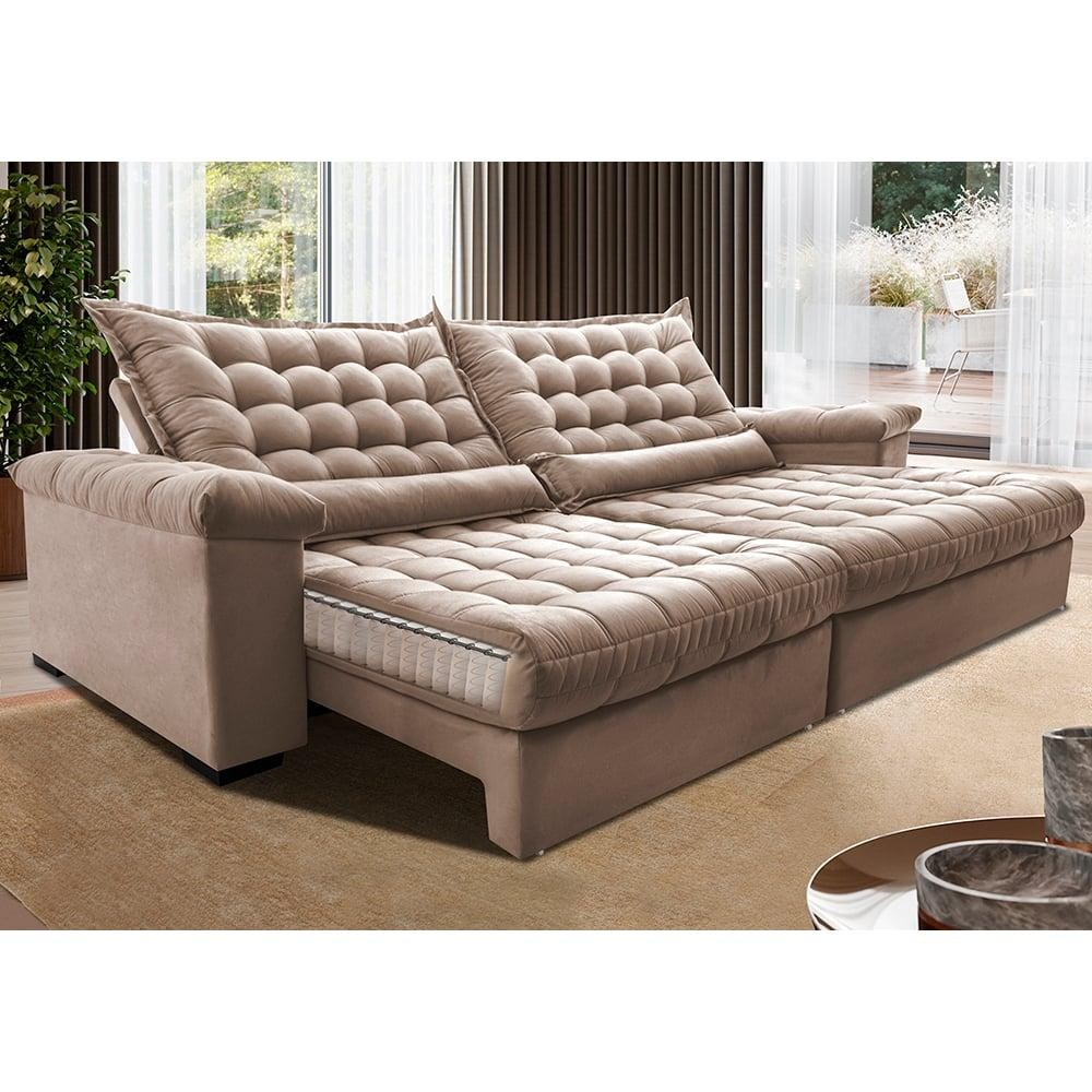 Sofá Retrátil e Reclinável 2,95m Molas Ensacadas Cama inBox Big Space com Bordado 3D Velusoft Bege em Oferta na Shopee