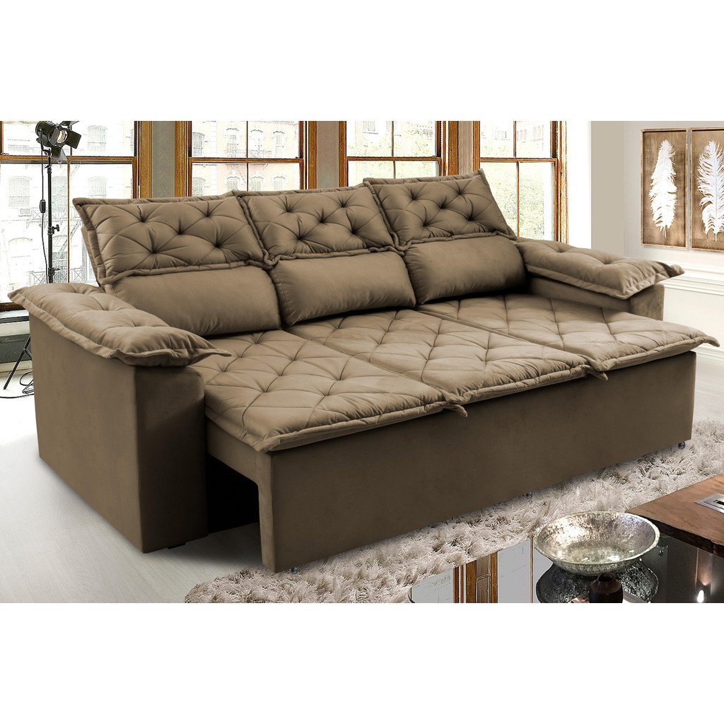 Sofá 3 Lugares Retrátil e Reclinável Cama inBox Compact 2,00m Velusoft Castor em Oferta na Shopee