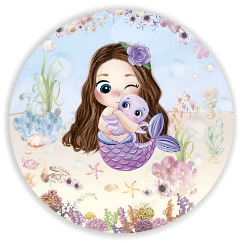 NOVO Painel Festa Infantil Redondo Sereia Cute, com flor roxa na cabeça, aquarela + Arco, Suporte incluso. Fazemos personalizado com qualquer tema. Confeccionado em Lona fosca, impressão de alta resolução. cenário , p/ Decoração