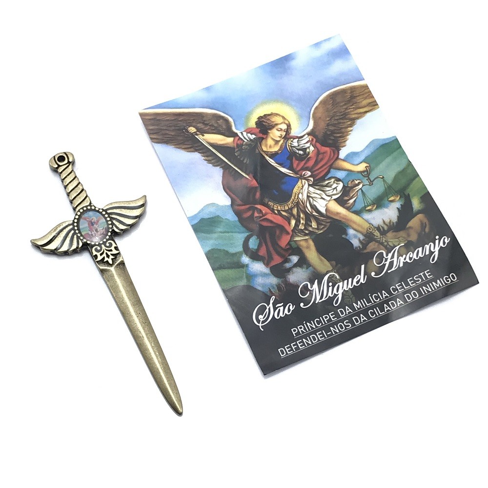Pingente Espada de São Miguel Ouro Velho Resinado com Folheto