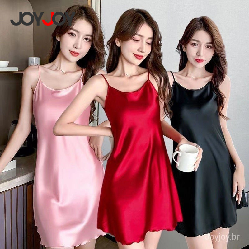Joyjoy Vestido de Noite de Cetim Seda Gelada Simulação Fria, Camisola Sleepwear com Alças, Pijama Feminino Plus Size