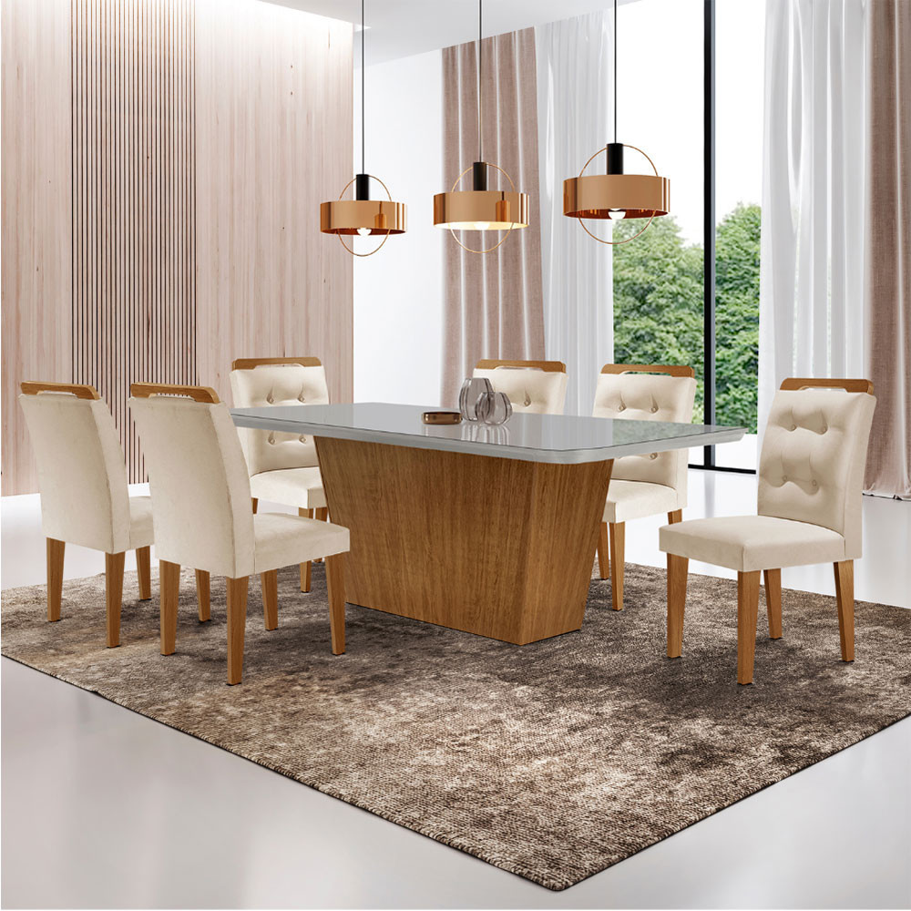 Mesa para Sala de Jantar Aida 180cm MDF Canto Copo com Vidro e 6 Cadeiras Carol Moderna Mobília