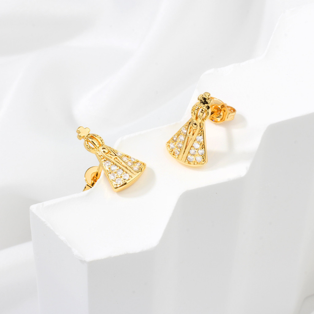Brinco Femininos Delicado Nossa Senhora Aparecida Folheado Ouro 18k a Platina Zircônia Azul Cravejada Luxo Brincos