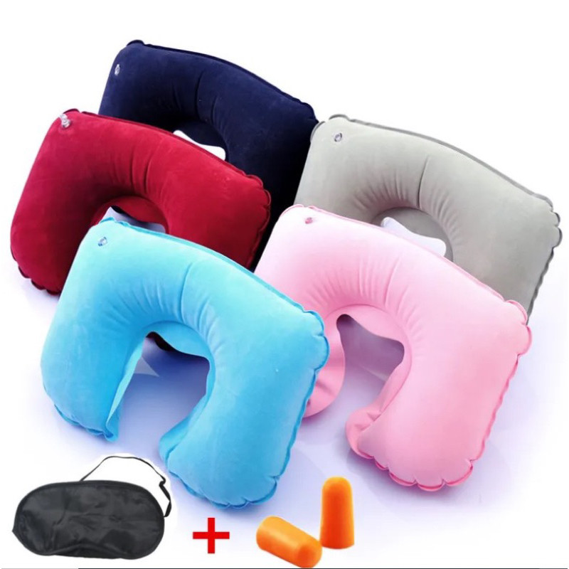 Kit Almofada de Pescoço + Tapa Olho + Protetor Auricular Viagem inflável Travesseiro de bordo para avião carro trem