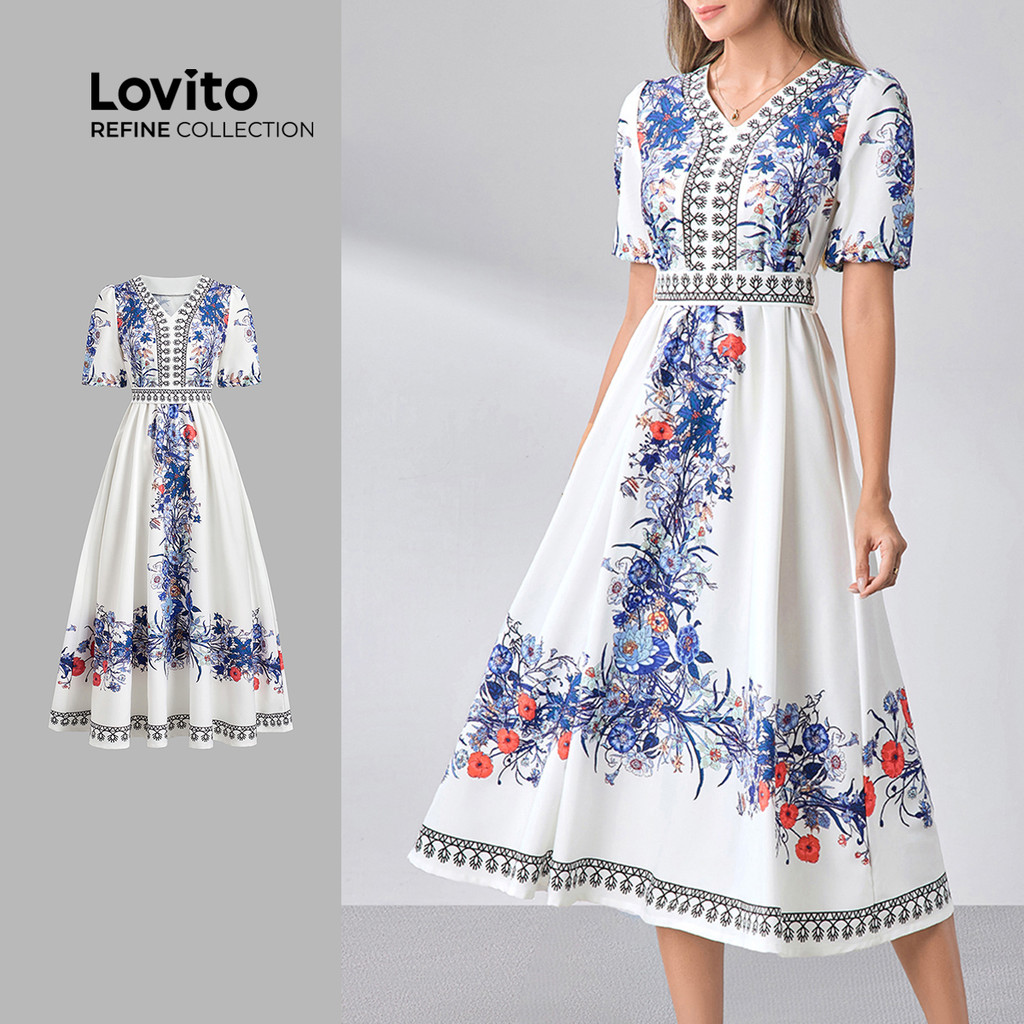 (Lovito Refine) Vestido Elegante com Zíper Toque Suave Vestido Azul e Branco para mulheres LR12L045 - Women Clothes