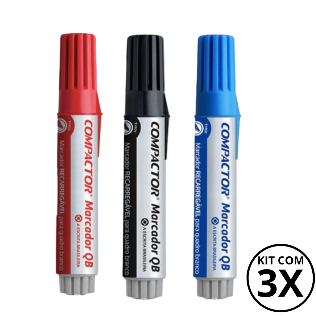 Kit com 3 Marcadores Para Quadro Branco - COMPACTOR COR:AZUL + VERMELHO +PRETO em Oferta na Shopee