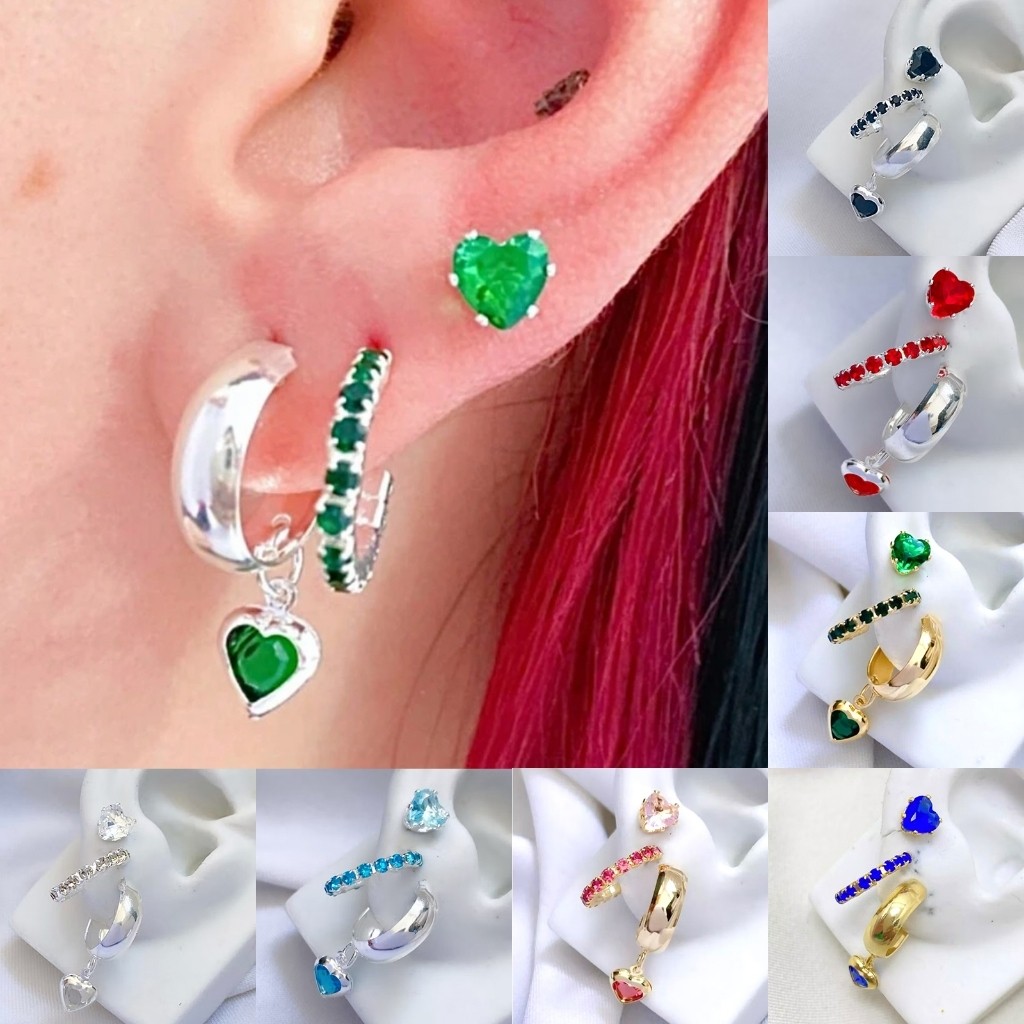 Brincos de argola tripla banhados a prata 925 ou Ouro 18K com lindos cristais de zircônia coloridos em Oferta na Shopee