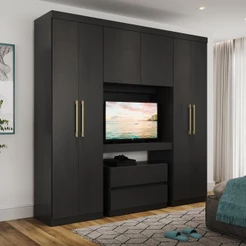 Guarda Roupa Casal 6 Portas 2 Gavetas Porto Preto com Painel de TV
