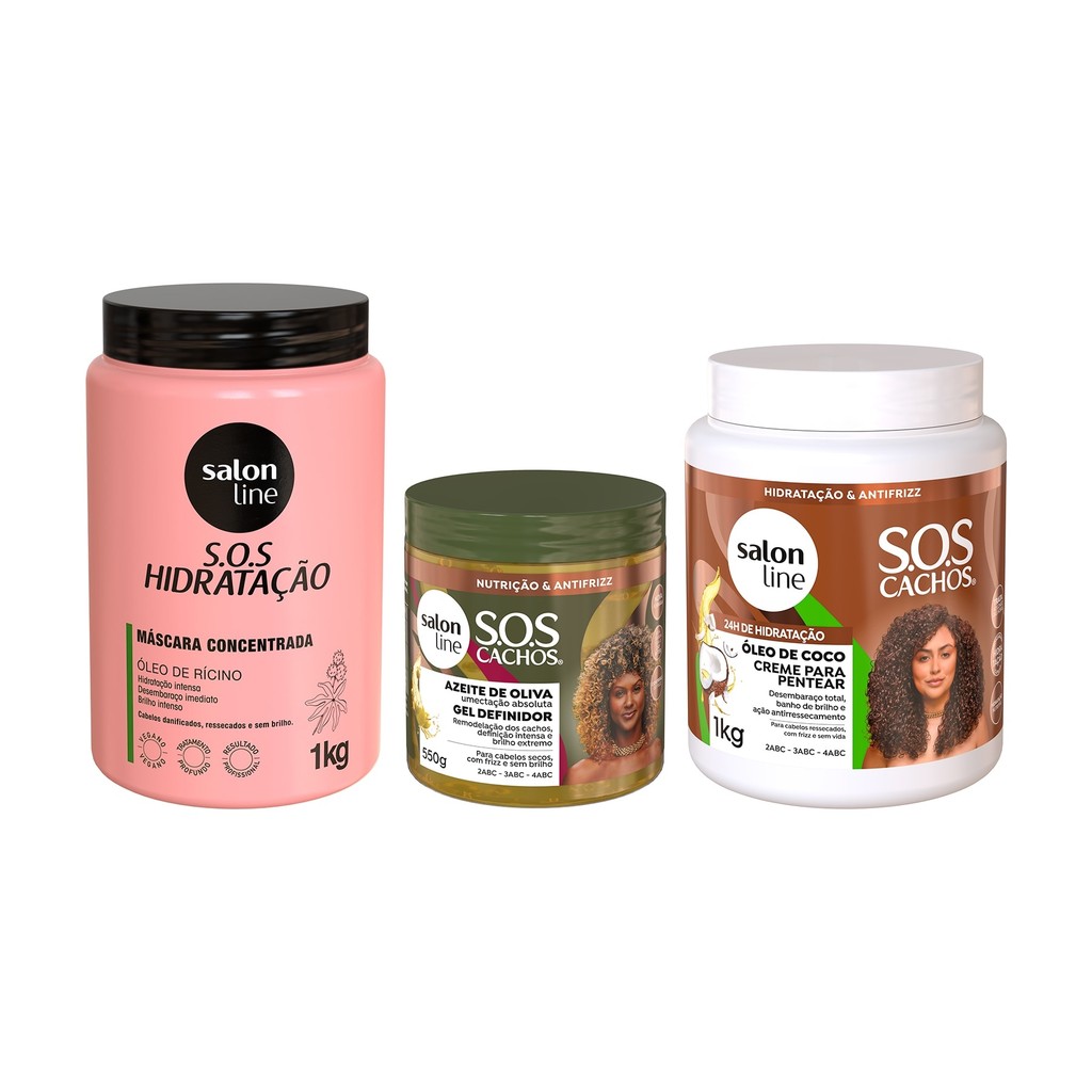 Kit com Gel Definidor + Creme Para Pentear SOS Cachos Coco + Máscara Hidratação Turbinada Salon Line - Beauty
