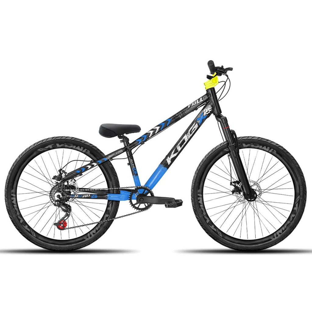 Bicicleta aro 26 KOG Freeride 1x7 Preto e Azul Vmaxx Preto Fosco - Pneus Preto - Mesa Curta Amarelo - Guidão Amarelo
