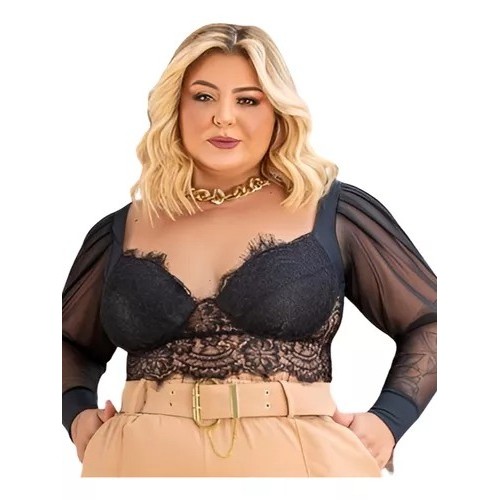CROPPED RENDA SEDUÇÃO PLUS SIZE MANGA LONGA TULE