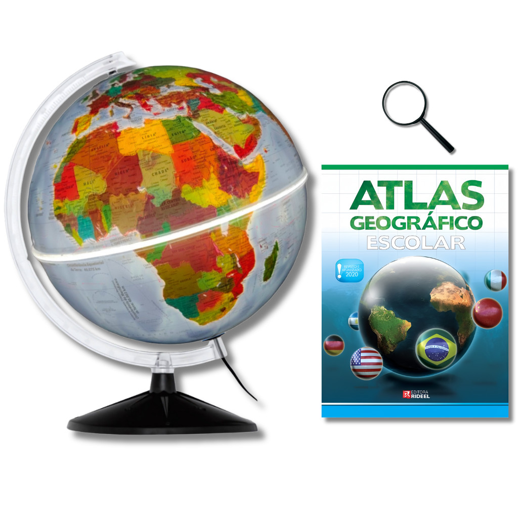 Globo Terrestre Físico Político Luminoso 30cm + Atlas Geográfico + Lupa de Mão