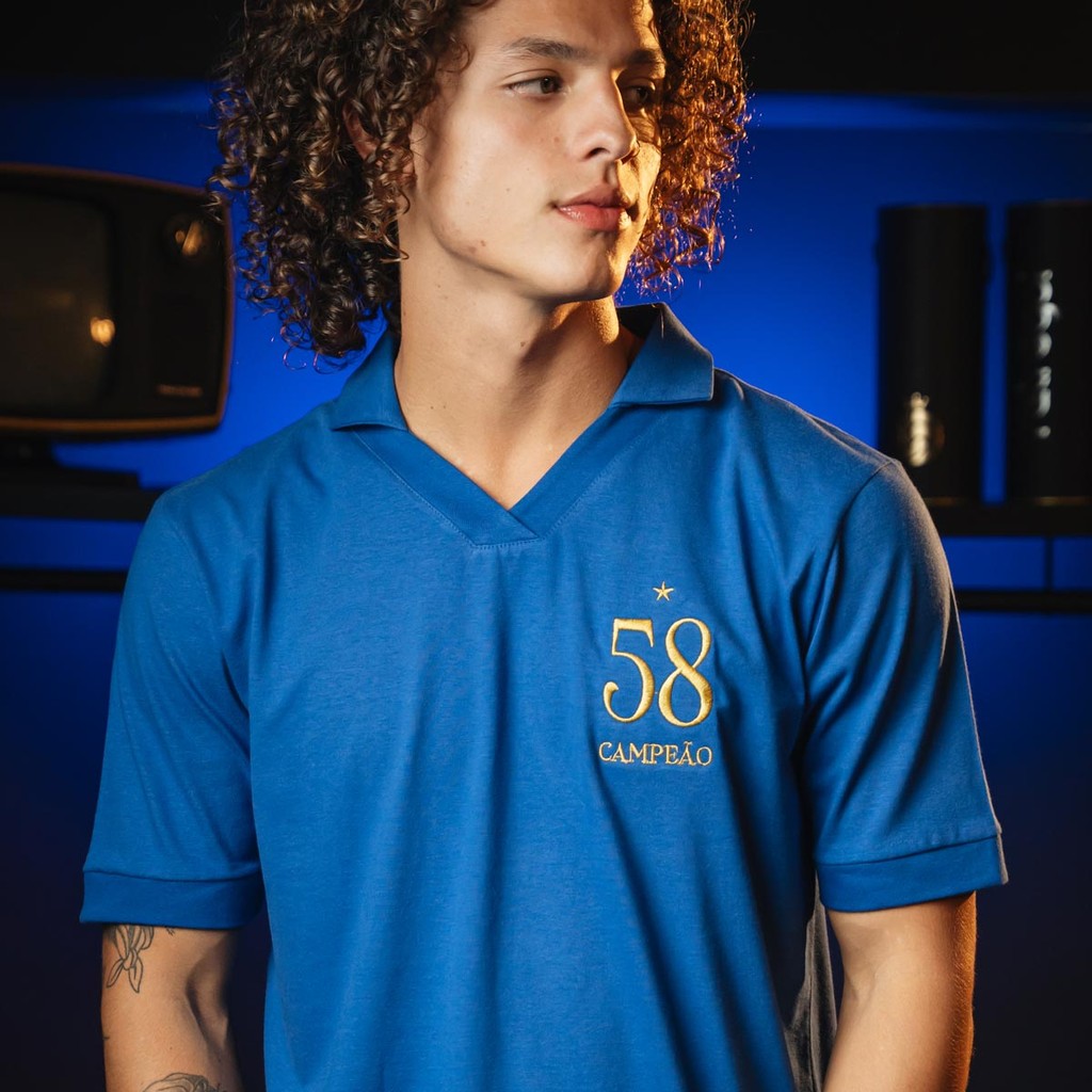 Camisa Brasil Retrô 1958 Azul Masculina Oficial em Oferta na Shopee