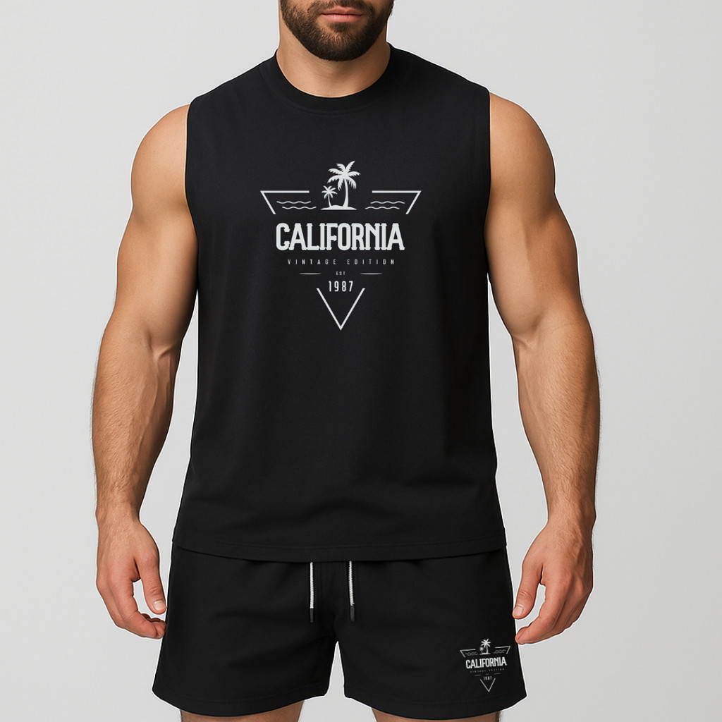 conjunto regata oversized e short de tactel de academia másculino estampada california 1897
