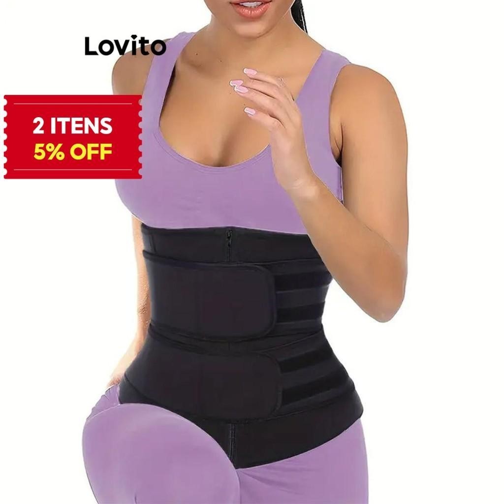 (Trendy) Lovito Shapewear Esportivo Com Zíper Liso Para Mulheres LNE39476 (Preto) em Oferta na Shopee