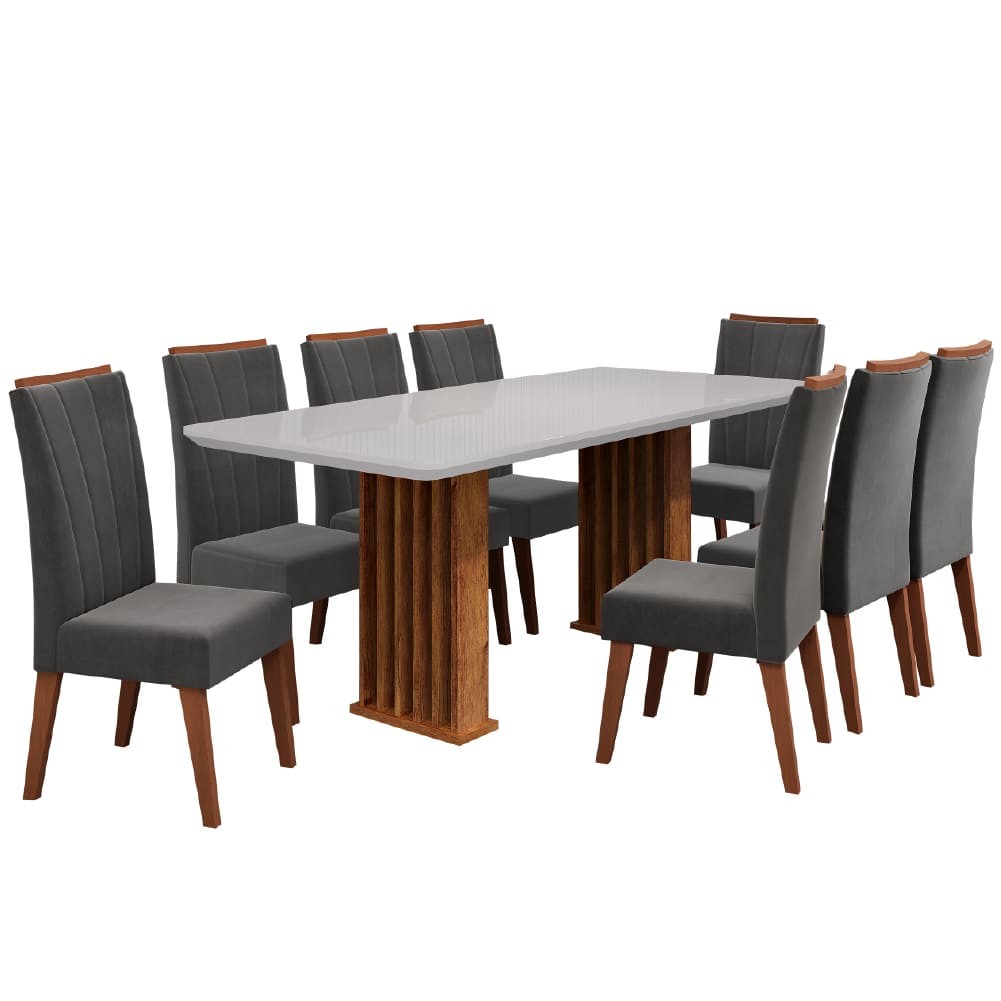 Conjunto de Mesa Sala de Jantar Ripada Tampo com Vidro Mond 2m 8 Cadeiras Sofia Veludo Viero