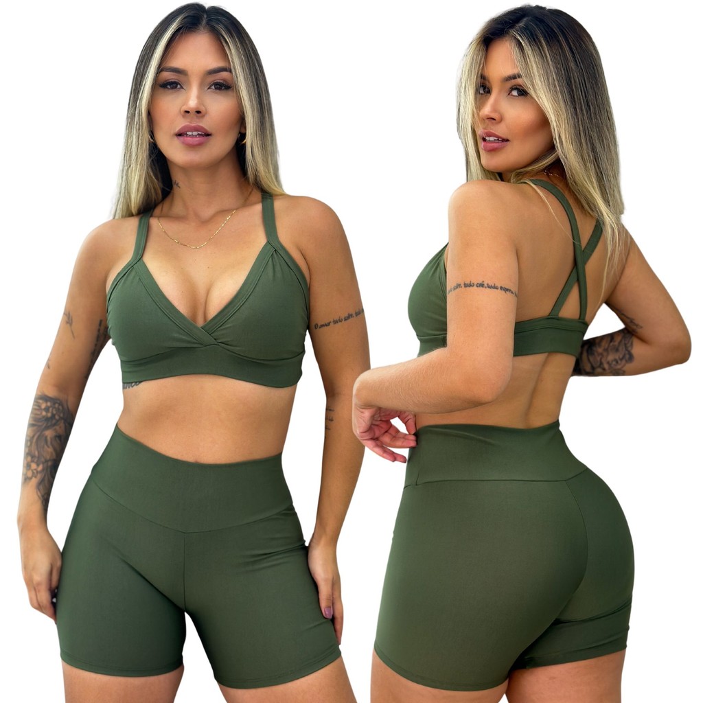 Conjunto Feminino Academia Short e Top Fitness treino  Cós Alto Refoçado