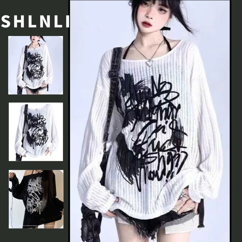 Camiseta Feminina Primavera E Outono Graffiti Estampada Branca Solta Versátil Manga Comprida Gola Redonda