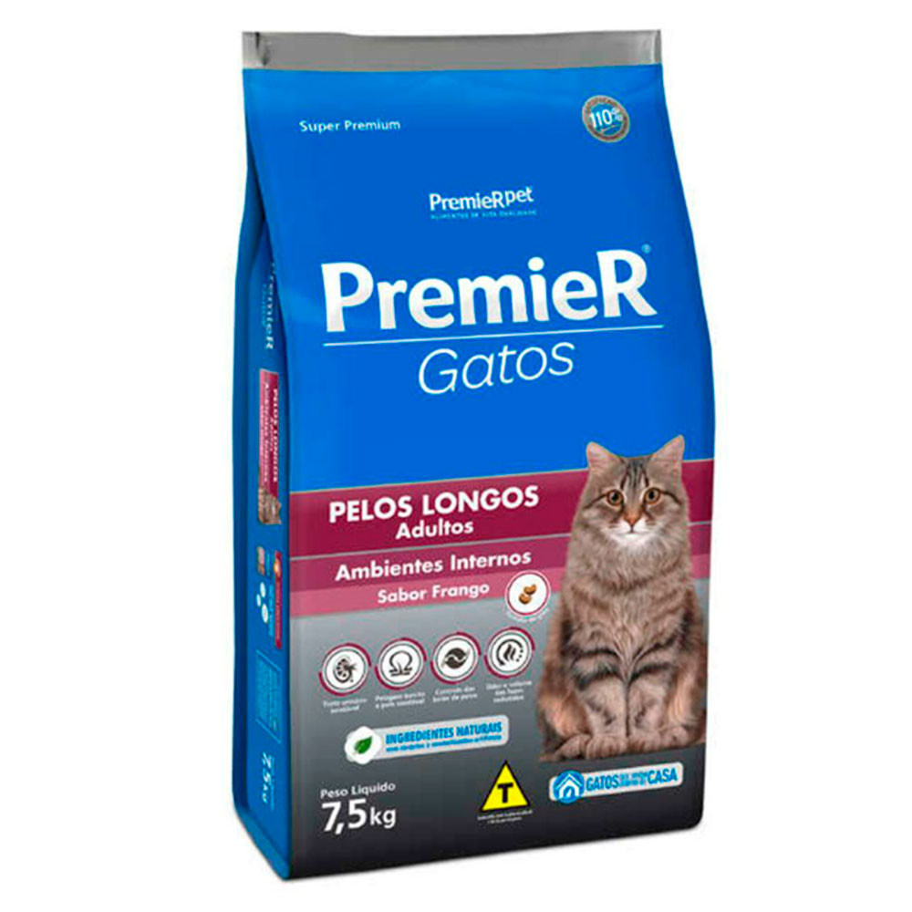 Ração Premier Gatos Adultos Pelos Longos Ambientes Internos  Frango 7,5 em Oferta na Shopee