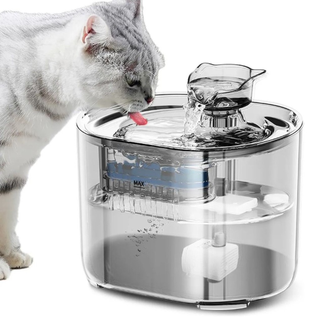 Bebedouro 2,2 L P/ Cachorro Pet Gato Transparente c/ Filtro Reservatório Emergência Design Compacto Silencioso