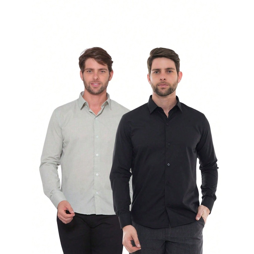 KIT Masculino 2 Peças - Camisa Social Masculina Premium Tipo Linho Oliva e Camisa Social Slim Manga Longa Preto