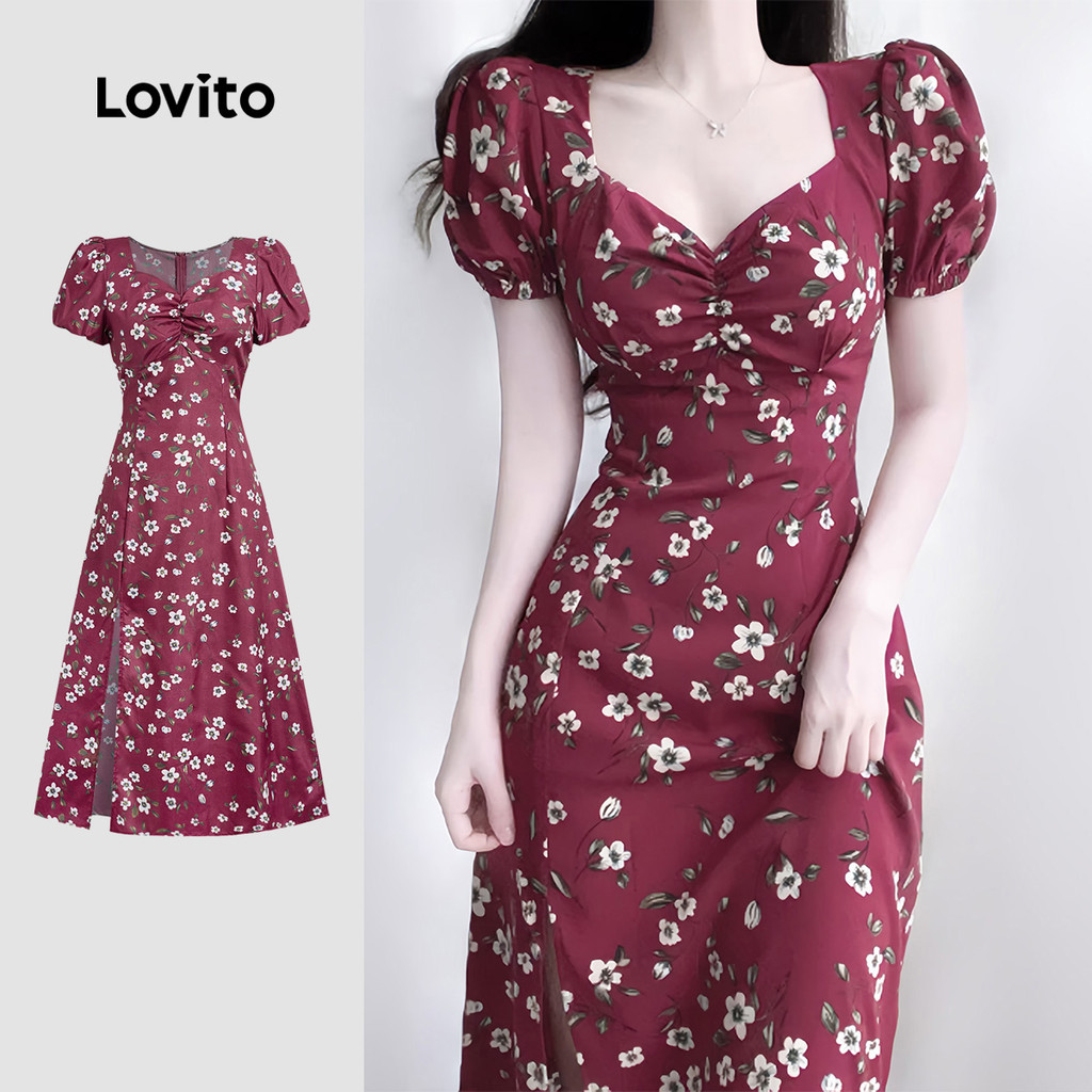 Lovito Boho Ditsy Floral Zipper Primavera/Verão Vestido Vermelho Para Mulheres L134ED560 - Women Clothes