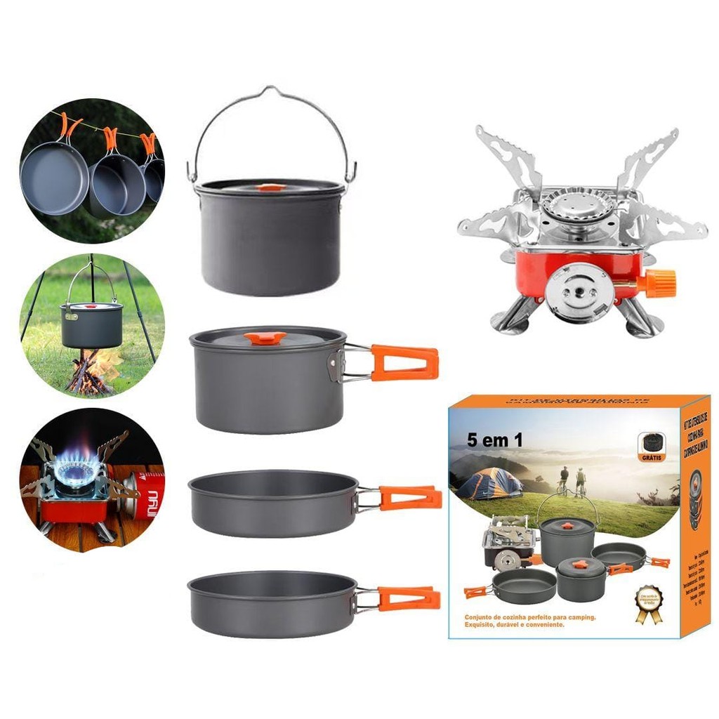 Kit 5 peças Fogão Portátil + Conjunto Com 4 Panelas Para Acampamento E Lazer ao ar Livre DKL