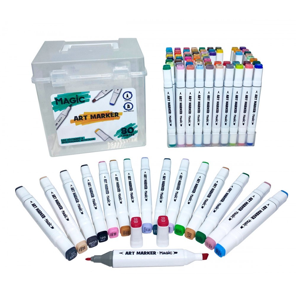 Kit Art Marker 80 Cores - Canetas Marcadoras Ponta Dupla Com Estojo Canetinha Touch
