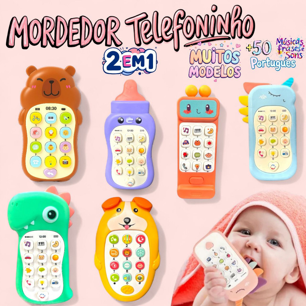Mordedor e Telefone Celular Infantil Educativo Musical 2 em 1 brinquedo infantil para bebê