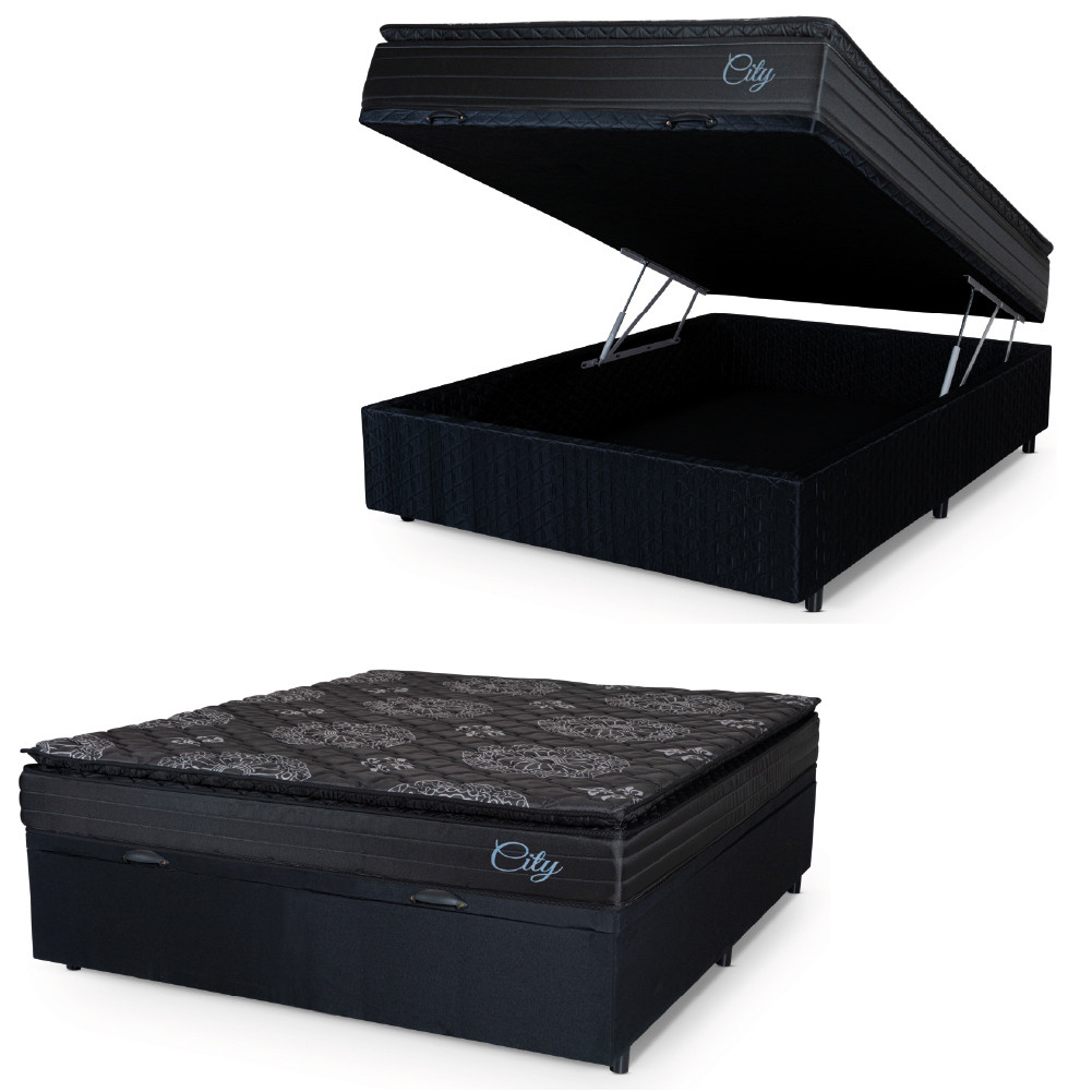 Cama Box Baú Casal Colchão Com Molas Ensacadas City Pillow Top 138x188x64cm Preto Hellen em Oferta na Shopee