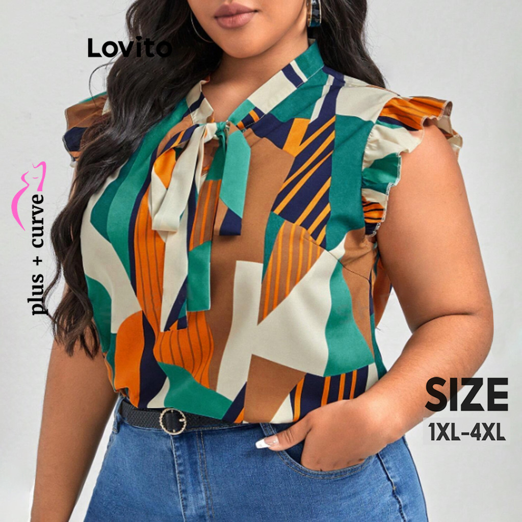 Lovito Blusa Plus Size Curva Elegante Geométrica Amarrada Frontal Babados Blusa Verão/primavera Para Mulheres LSL02017