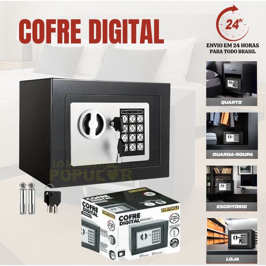 Cofre Eletrônico Digital Teclado C/ Senha + Chave17X23X17 Moderno Seguro Fechadura Eletrônica
