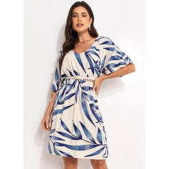 Vestido Feminino Folhagem Azul Quintess Casual Tendência