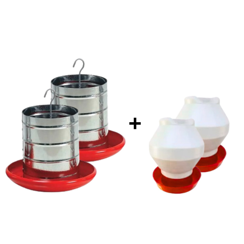 Kit Comedouro 3kg Tubular + Bebedouro Ecológico 2L  Aves Frango Galinha - Comedouro Galvanizado