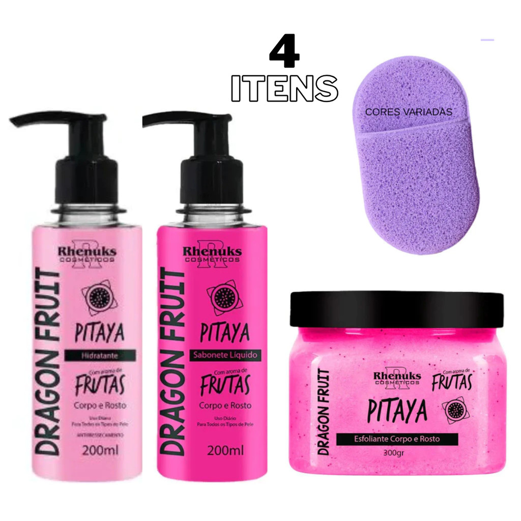 KIT SABONETE + ESFOLIANTE + HIDRATANTE CORPORAL - PITAYA + Esponja Limpeza Facial