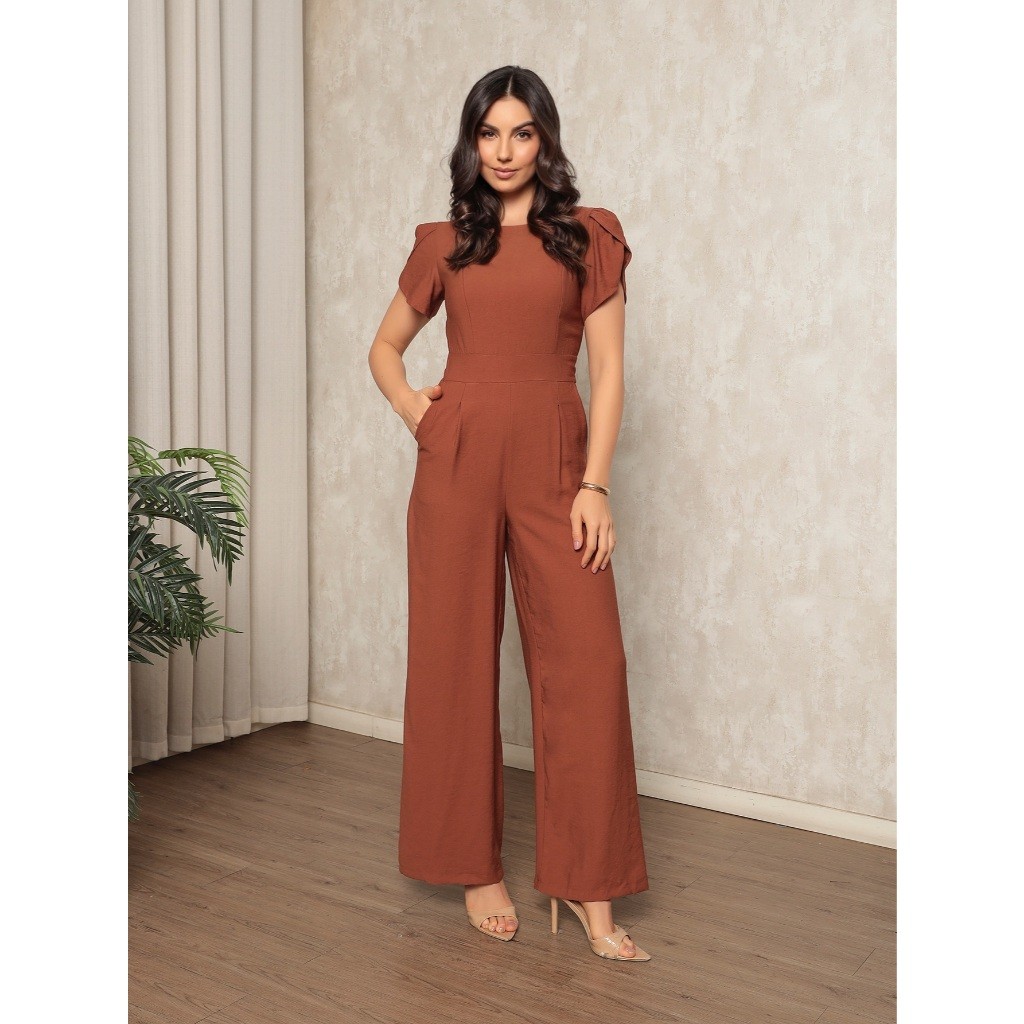 W166 Macacão Feminino em Marrant Liso, bolso, Pantalona manga de petala