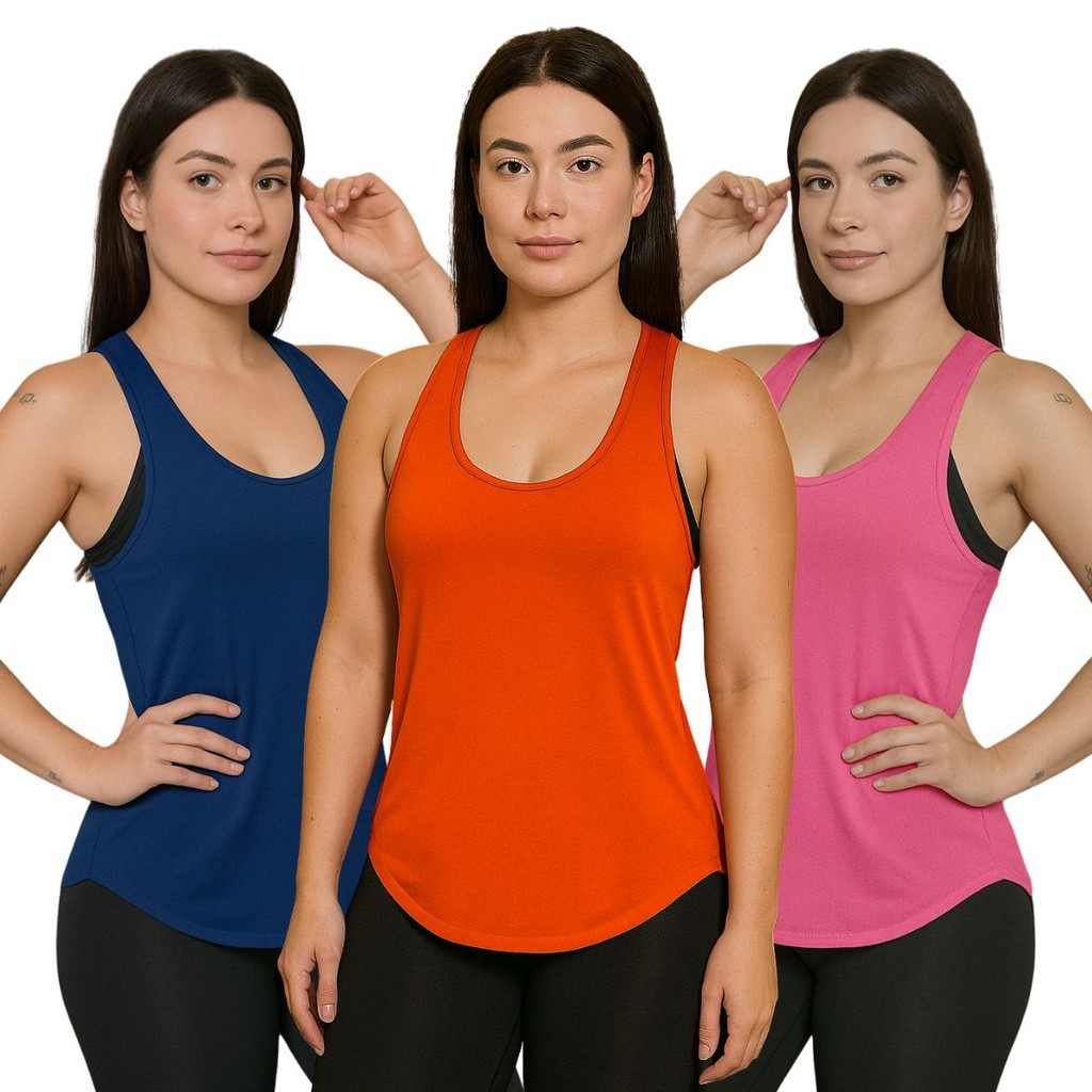 Kit 3 Regata Feminina Fitness Anatômica Camiseta Fit Treino Academia Confort Respirável Elástica