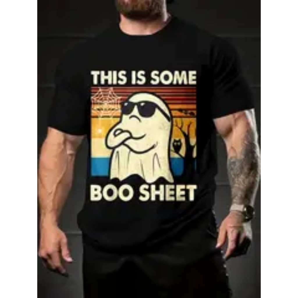 Bonito Camiseta Masculina Divertida De Manga Curta Para Festa De Halloween Com Estampa De Fantasma De Desenho Animado