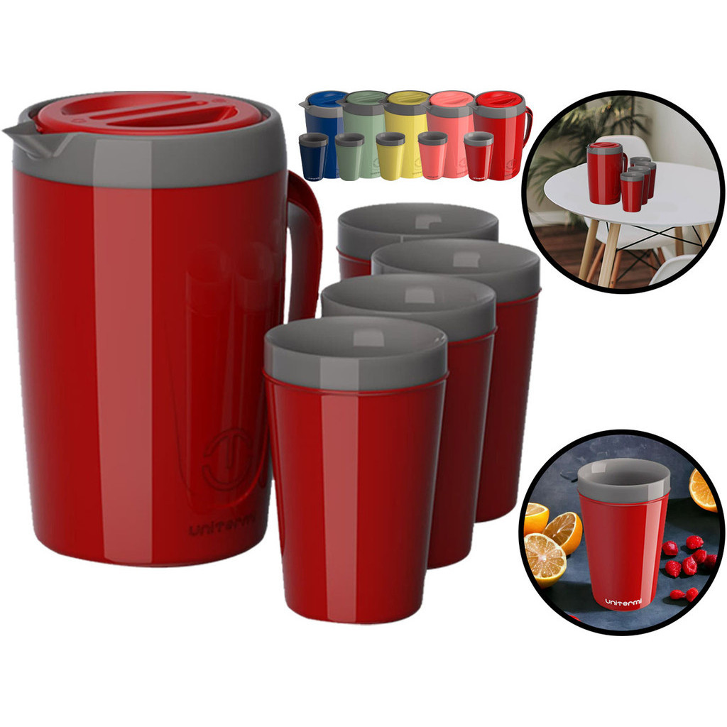 Kit Jarra Térmica Plástica Caribe 2 Litros Para Sucos Água + Quatro Copos Térmicos 350ml em Oferta na Shopee