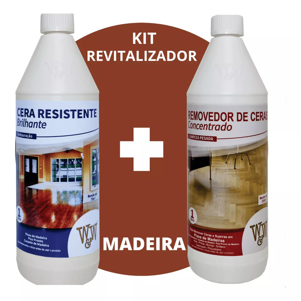 Kit Restauração Piso de Madeira W&W Removedor de Cera 1L+ Cera Resistente Brilhante Para Madeira 1L