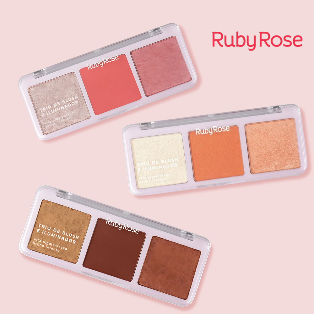 Trio De Blush E Iluminador Ruby Rose Alta Pigmentação Brilho Textura Aveludada Fácil Aplicação Versátil