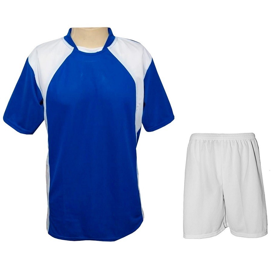 Uniforme 20+1 Camisa Azul/Branco Calção Branco e Goleiro